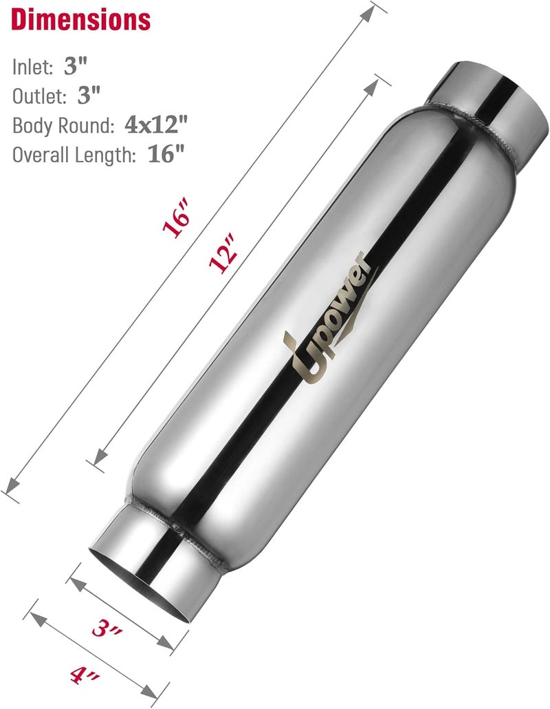 U-Power 3" Inlet&Outlet Exhaust Resonator,16" Overall Length Center Straight Through Stainless Steel Muffler,Polished - Image 2
